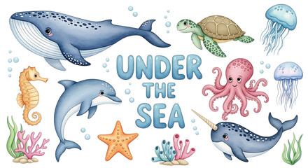 Fototapeta premium Cute under the sea marine life collection featuring a whale dolphin turtle octopus seahorse and narwhal with vibrant coral reef for kids isolated on a transparent background