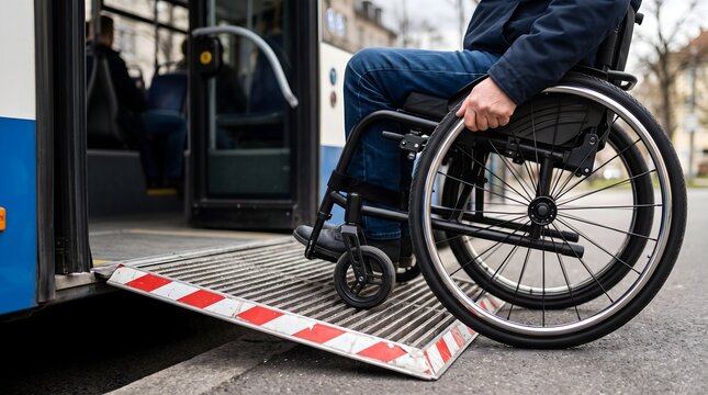 Close up of wheelchair user boarding a city bus using an accessible ramp with safety markings showing modern inclusive public transport lifestyle concept