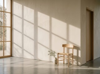 Fototapeta premium Wooden chair and flower vase in a sunny room with shadows