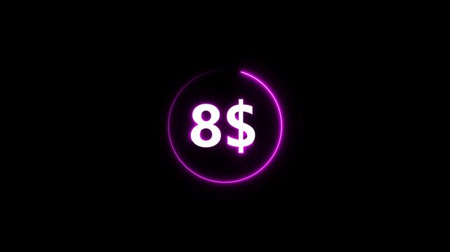 Neon dollar sign eight dollars symbol glowing purple circle money finance