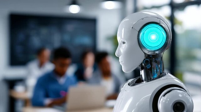A sleek white robot with advanced AI features is positioned in a contemporary workspace, symbolizing innovation. Professionals collaborate in the blurred background, highlighting tech synergy