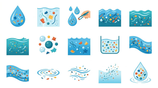 Collection of water pollution and clean water illustrations.