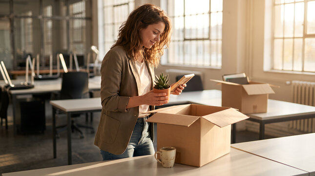 Young businesswoman with curly hair, holding a potted plant and picture frame, unpacking personal items from a cardboard box, bright modern office desk, business lifestyle photography