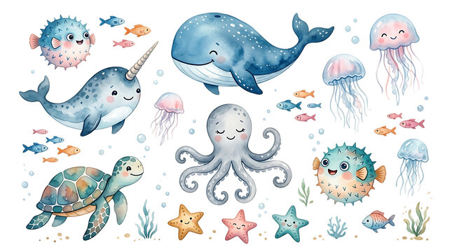 Collection of cute underwater sea animals including whale narwhal octopus turtle jellyfish and pufferfish for kids educational projects isolated on a transparent background