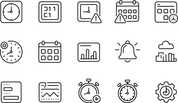 Set of time management and scheduling vector line icons with management calendar schedule deadline planning productivity business organization notifications reminders graphical efficiency