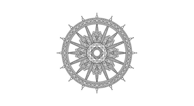Intricate Dharmachakra Wheel Symbol Line Art
