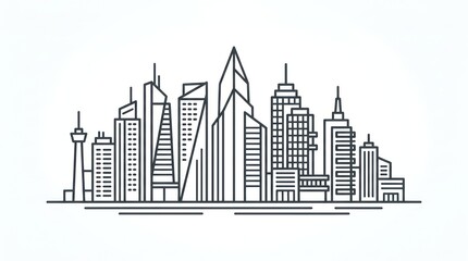 Fototapeta premium Minimalist cityscape outline illustration of modern skyline with high skyscraper towers.