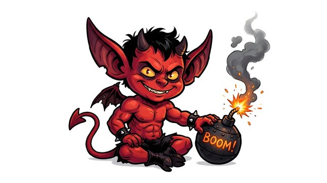 Cartoon illustration of a mischievous little devil character holding a lit bomb