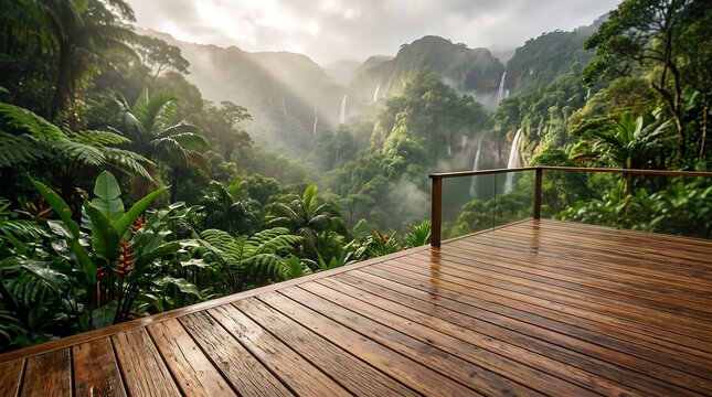 Polished cedar wood deck overlooking a misty tropical rainforest valley, softly blurred waterfall background, nature photography for premium product display and eco luxury branding