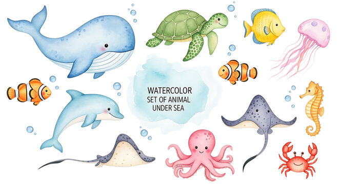 Watercolor set of various sea animals including a whale turtle dolphin octopus ray crab and fish for educational kids projects and marine decor isolated on a transparent background
