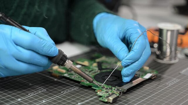 Closeup of expert soldering a green PCB board using precision tools. Ideal for electronics, circuit repair, engineering, tech