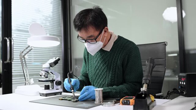 Senior technician soldering a circuit board on workbench. Blue gloves, precision tools, and electronics gear highlight real people