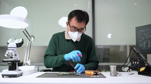 Senior technician soldering a circuit board on workbench. Blue gloves, precision tools, and electronics gear highlight real people