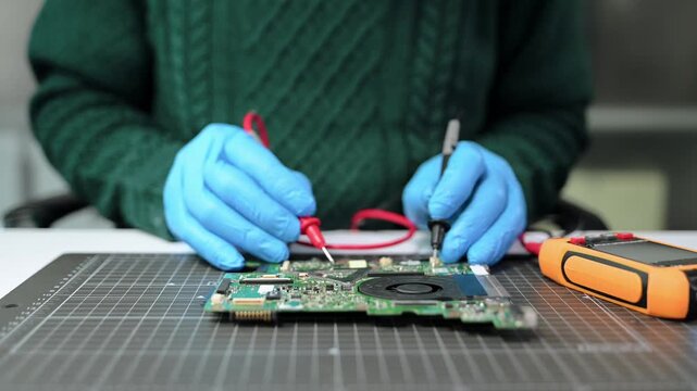 Closeup of expert soldering a green PCB board using precision tools. Ideal for electronics, circuit repair, engineering, tech