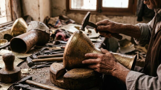 Craftsman working with metal in workshop.
