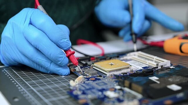 Technician installing a CPU on a motherboard. Computer hardware repair, semiconductor technology, electronics engineering and IT maintenance concept.