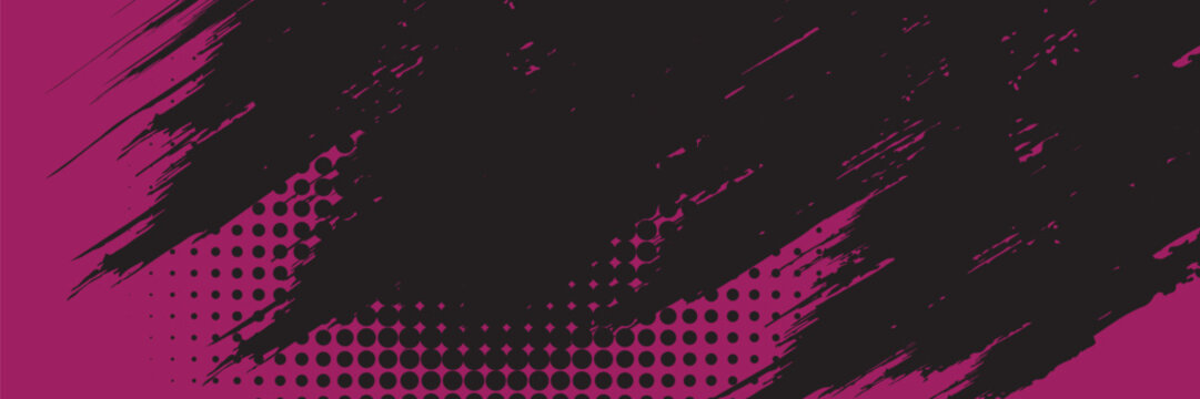 black and pink backdrop with dot halftone pattern element. Abstract brush grunge background. retro comic concept for your graphic design, banner or poster.