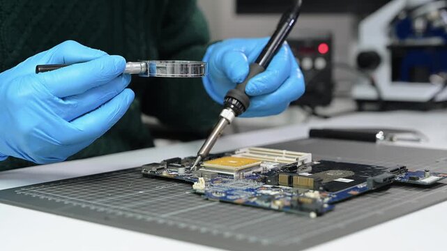 Technician installing a CPU on a motherboard. Computer hardware repair, semiconductor technology, electronics engineering and IT maintenance concept.