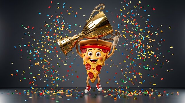 Soccer champion pizza mascot holding golden trophy in 3d illustration celebrating sports victory