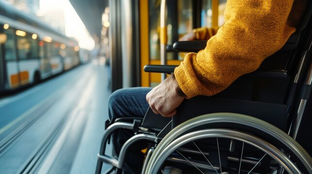 Accessible Journey: A person in a wheelchair waits for a train at a modern station, symbolizing accessibility and inclusive public transport.