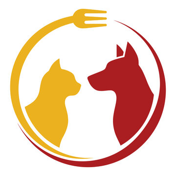 Colorful cat and dog logo with fork and circle design elements together icon