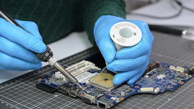 The technician repairing the motherboard in the lab with copy space. the concept of computer hardware, mobile phone, electronic, repairing, upgrade