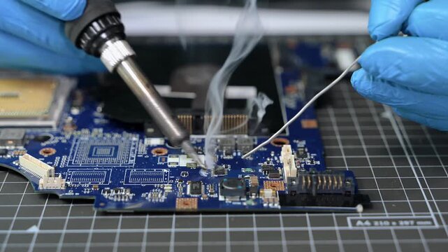 The technician repairing the motherboard in the lab with copy space. the concept of computer hardware, mobile phone, electronic, repairing, upgrade