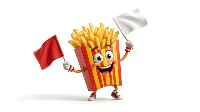 French fries mascot celebrating soccer championship with flags 