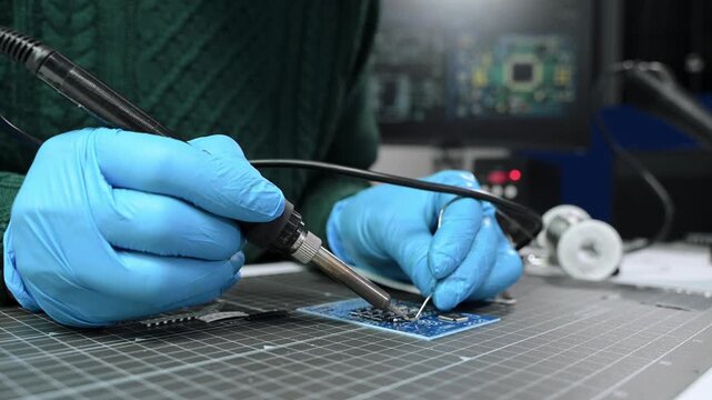 Closeup of expert soldering a green PCB board using precision tools. Ideal for electronics, circuit repair, engineering, tech