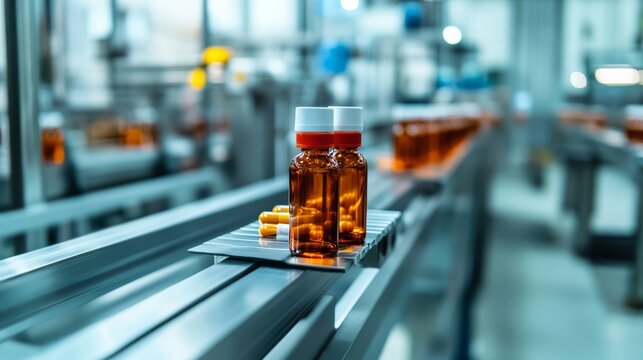 Pharmaceutical Manufacturing Line: Amber glass bottles and pills move along a sterile conveyor belt in a modern pharmaceutical production facility.