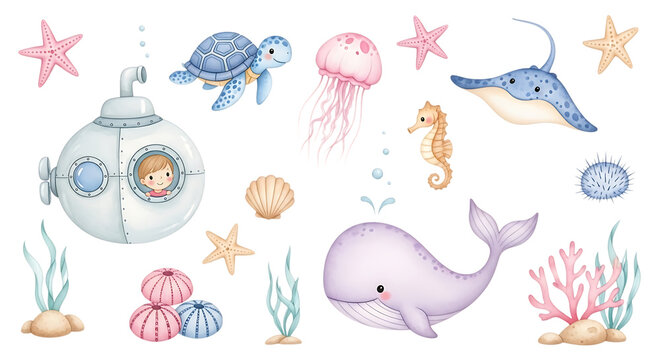 Cute watercolor underwater set featuring a submarine with a child and various marine animals like a whale turtle jellyfish and seahorse isolated on a transparent background