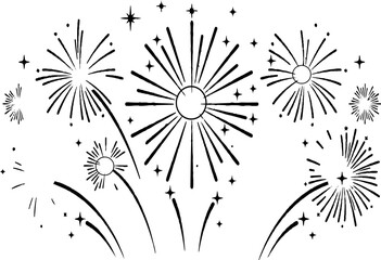 Obraz premium Fireworks display black and white vector illustration on a white background