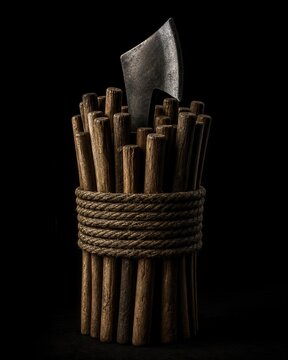 A bundle of wooden rods bound together with an axe blade emerging.