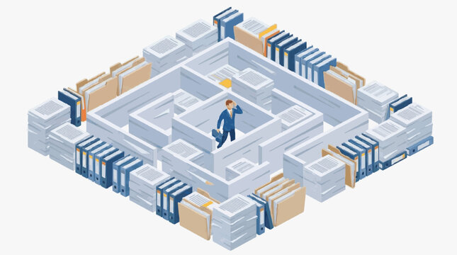 Person Navigating Complex Labyrinthine Office Environment.