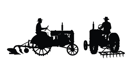 Vintage tractors with farmers working in fields a dark silhouette against a white background tractor farming agriculture farmland © Aklima