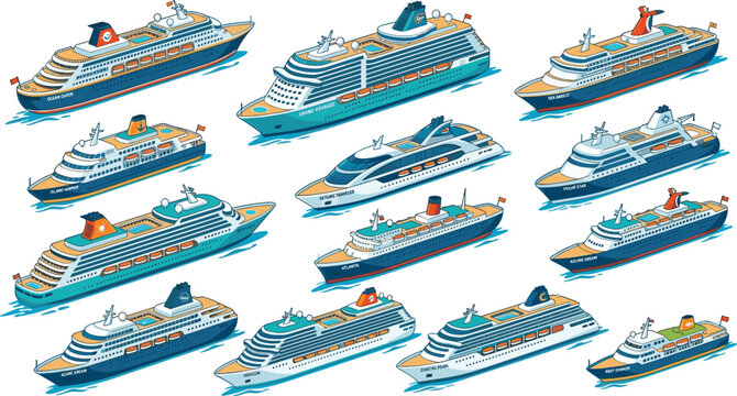Modern cruise ship vessel vector collection, various luxury ocean liner boats isolated on white background
