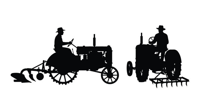 Vintage tractors with farmers working in fields a dark silhouette against a white background tractor farming agriculture farmland