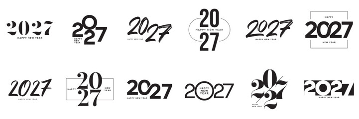 Fototapeta premium Large 2027 Happy New Year logo collection. 2027 Happy New Year symbol set. Vector minimalist black 2027 New Year labels. Holiday symbols for greeting card, brochure, poster, branding and printing.