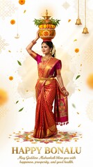 Fototapeta premium Indian woman carrying bonalu pot for traditional festival celebration