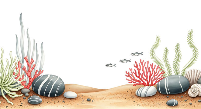 Underwater ocean floor scene with colorful coral reefs seaweed and smooth pebbles on sandy seabed for marine themed backgrounds and isolated on a transparent background