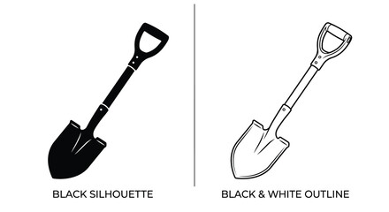 A black silhouette of a garden shovel against a white background showcasing a tool for digging silhouette gardening © Aklima