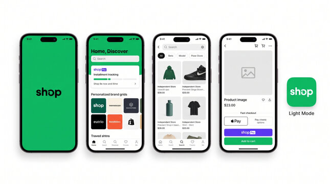 Shop mobile app UI mockup on iPhone screens featuring splash screen home discover feed product search results and checkout page with Apple Pay and Shop Pay buttons light mode design template