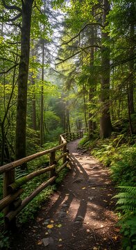 Serene Forest Pathway with Sunlight Filtering Through Trees.