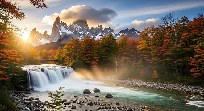 Serene Mountain Landscape with Waterfall and Autumn Trees.