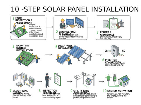 solar panel installation process infographic with 10-step workflow editable flat