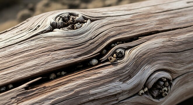 Close-up of Weathered Wooden Surface with Knots and Grain.