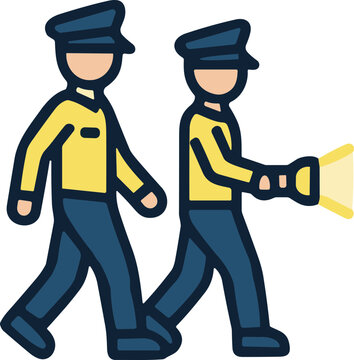 Two cartoon police officers walking with a flashlight at night, security patrol illustration