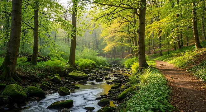 Serene Forest Stream Pathway in Lush Green Environment.