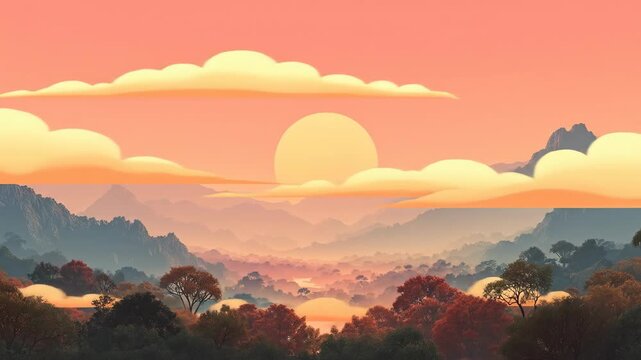 Beautiful Animated Sunrise Over a Serene Mountain Valley Landscape.