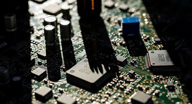 Close-up of Electronic Circuit Board with Microchips and Components.